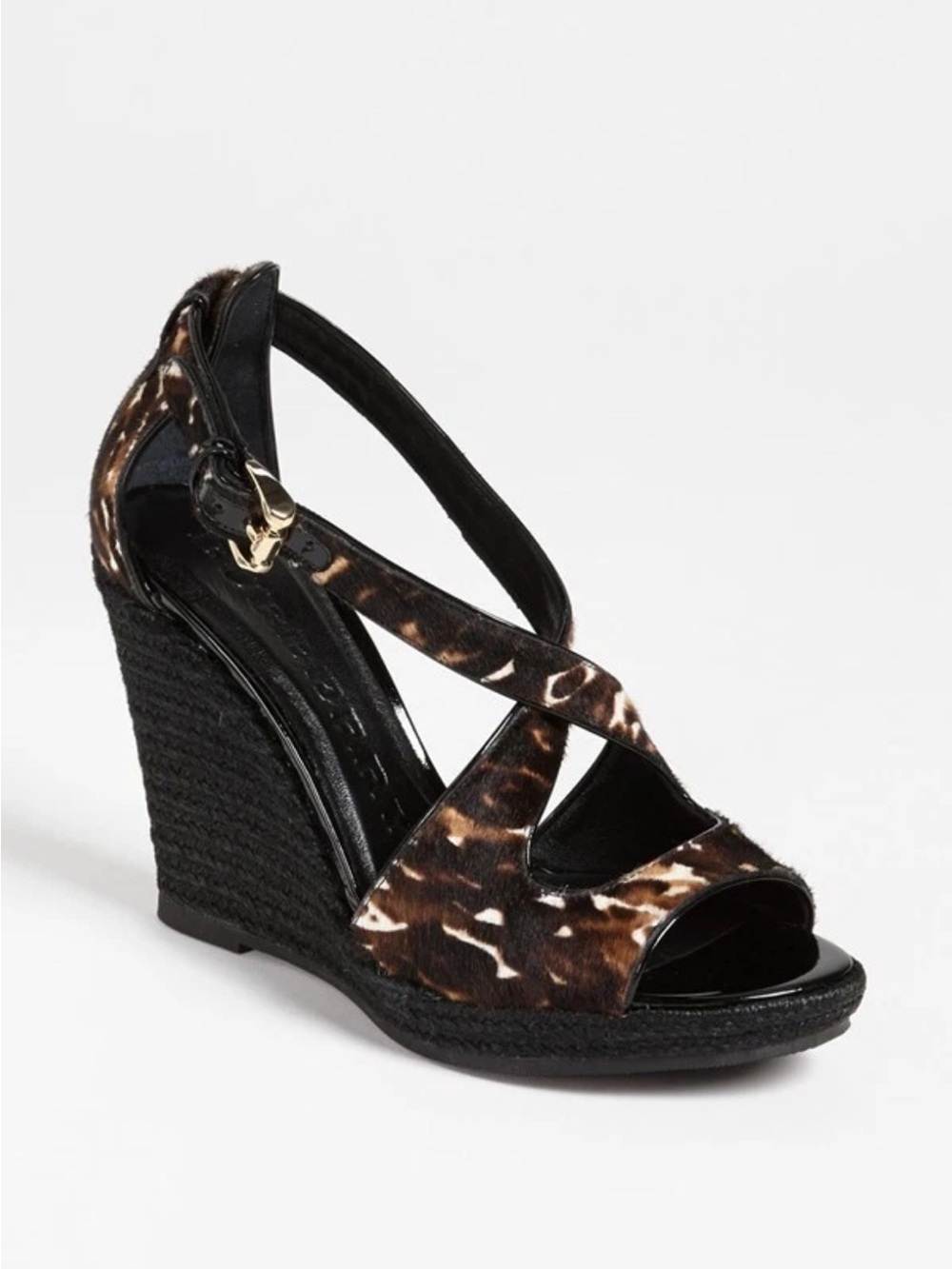 Burberry Abbey Leopard Print Pony Hair Wedge Sandals Size 39.5